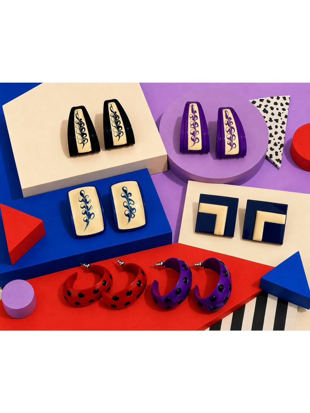 Vintage 80s Acrylic Statement Earring Lot Memphis Style